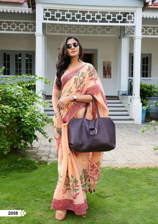 Majesty Peach Pure Colored Festive Wear Linen Designer Saree For Women