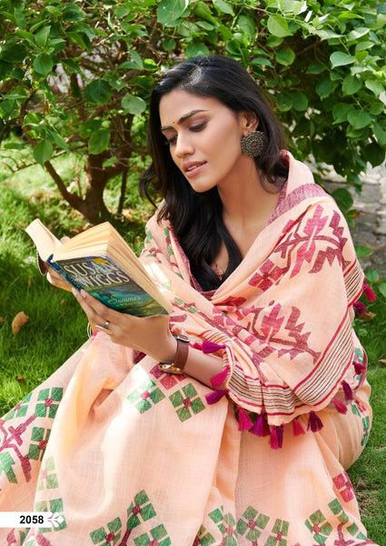 Majesty Peach Pure Colored Festive Wear Linen Designer Saree For Women