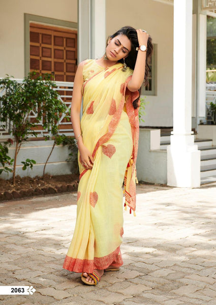 Beautiful Yellow Pure Colored Festive Wear Linen Designer Saree For Women