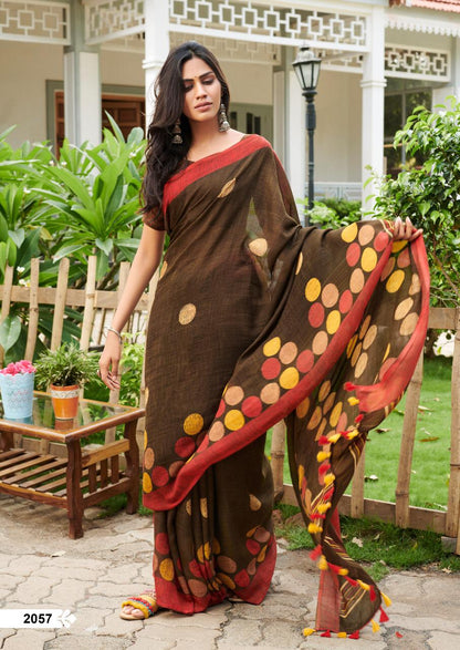 Majesty Dark Brown Pure Colored Festive Wear Linen Designer Saree For Women