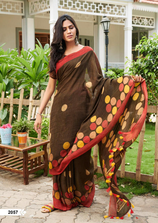 Majesty Dark Brown Pure Colored Festive Wear Linen Designer Saree For Women