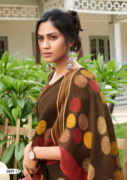 Majesty Dark Brown Pure Colored Festive Wear Linen Designer Saree For Women