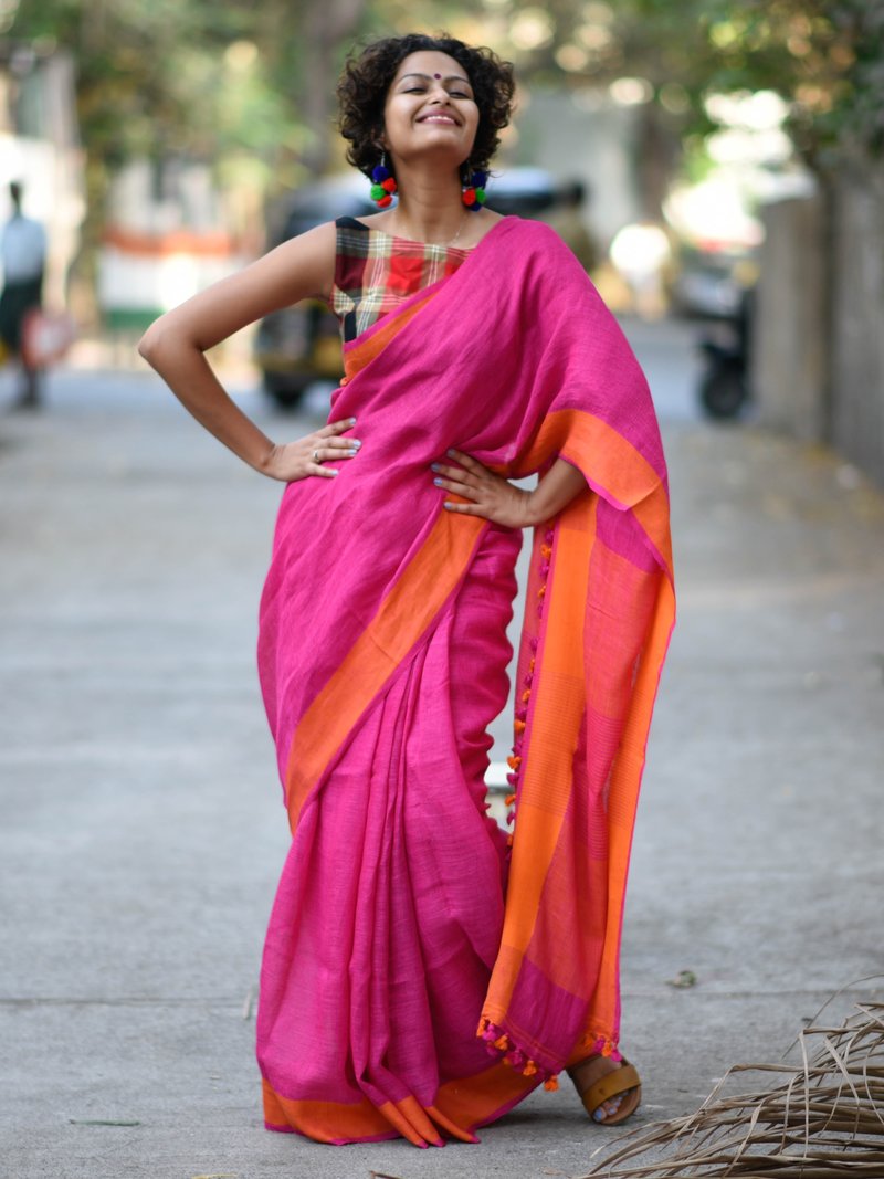 Delightful Pink Colored Festive Wear Pure Linen Designer Saree For Women