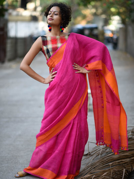 Delightful Pink Colored Festive Wear Pure Linen Designer Saree For Women