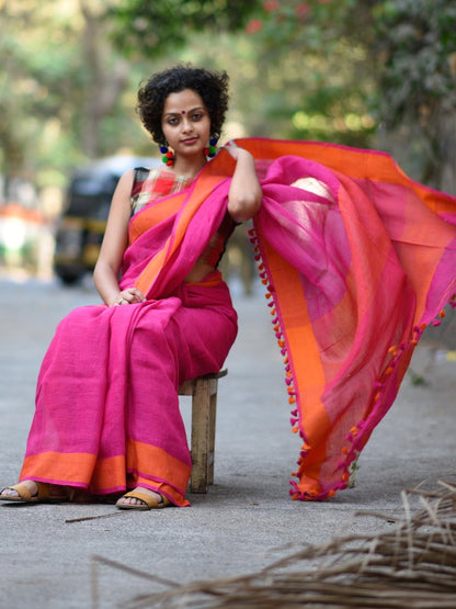 Delightful Pink Colored Festive Wear Pure Linen Designer Saree For Women