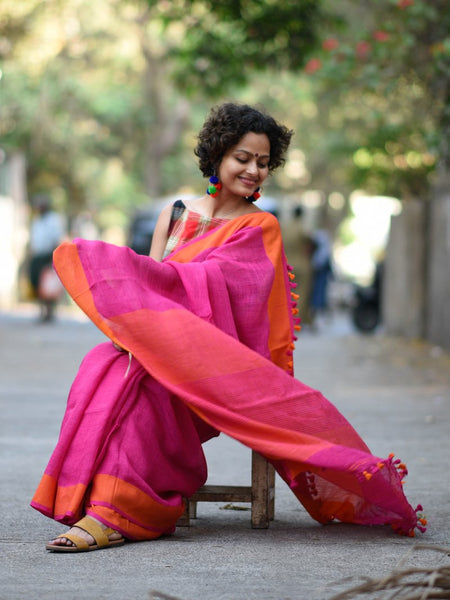 Delightful Pink Colored Festive Wear Pure Linen Designer Saree For Women