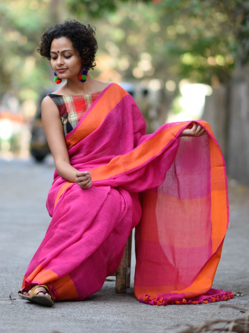 Delightful Pink Colored Festive Wear Pure Linen Designer Saree For Women