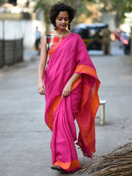 Delightful Pink Colored Festive Wear Pure Linen Designer Saree For Women