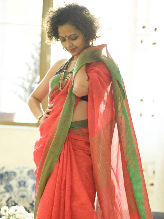 Unique Orange And Green Colored Festive Wear Pure Linen Designer Saree For Women