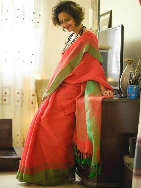 Unique Orange And Green Colored Festive Wear Pure Linen Designer Saree For Women