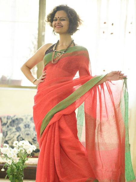 Unique Orange And Green Colored Festive Wear Pure Linen Designer Saree For Women