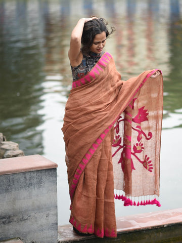 Deserving Brown And Pink Colored Festive Wear Pure Linen Designer Saree For Women