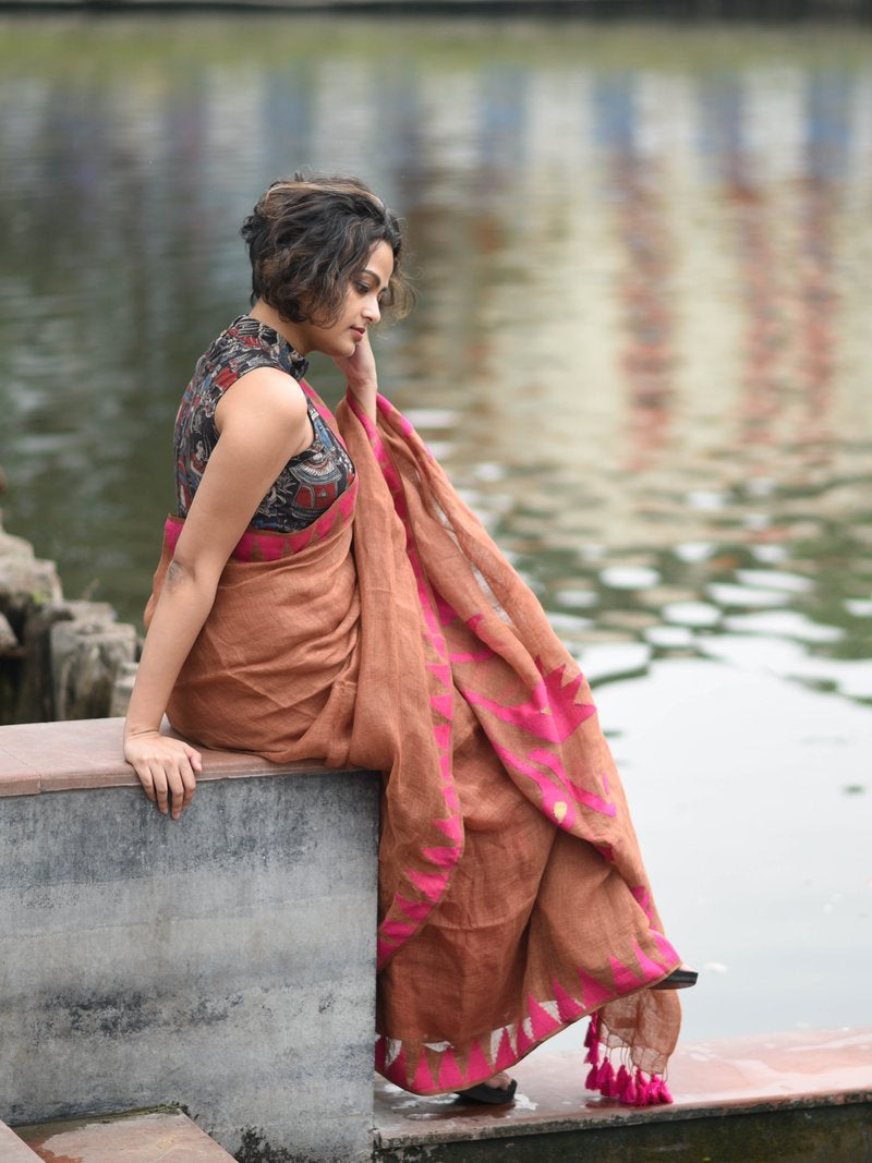 Deserving Brown And Pink Colored Festive Wear Pure Linen Designer Saree For Women