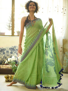 Flaunt Parrot Green Colored Festive Wear Pure Linen Designer Saree For Women