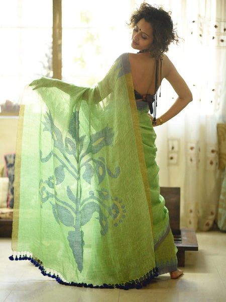 Flaunt Parrot Green Colored Festive Wear Pure Linen Designer Saree For Women