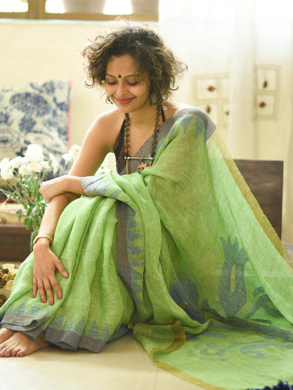 Flaunt Parrot Green Colored Festive Wear Pure Linen Designer Saree For Women