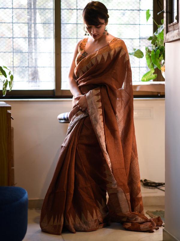 Sensational Brown Colored Festive Wear Pure Linen Designer Saree For Movie