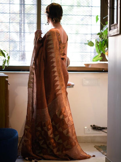 Sensational Brown Colored Festive Wear Pure Linen Designer Saree For Movie