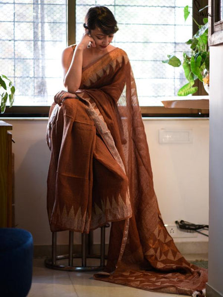 Sensational Brown Colored Festive Wear Pure Linen Designer Saree For Movie