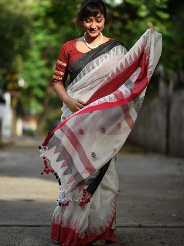Opulent White And Red Colored Festive Wear Pure Linen Designer Saree