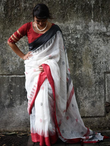 Opulent White And Red Colored Festive Wear Pure Linen Designer Saree