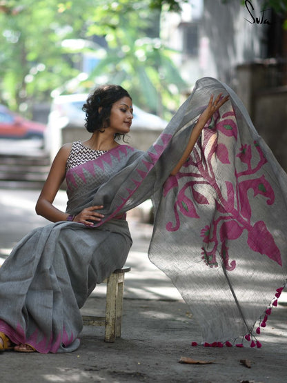 Flattering Grey And Pink Colored Festive Wear Pure Linen Designer Saree For Women