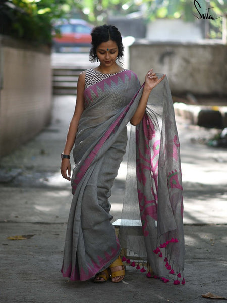 Flattering Grey And Pink Colored Festive Wear Pure Linen Designer Saree For Women