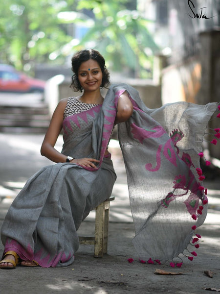 Flattering Grey And Pink Colored Festive Wear Pure Linen Designer Saree For Women