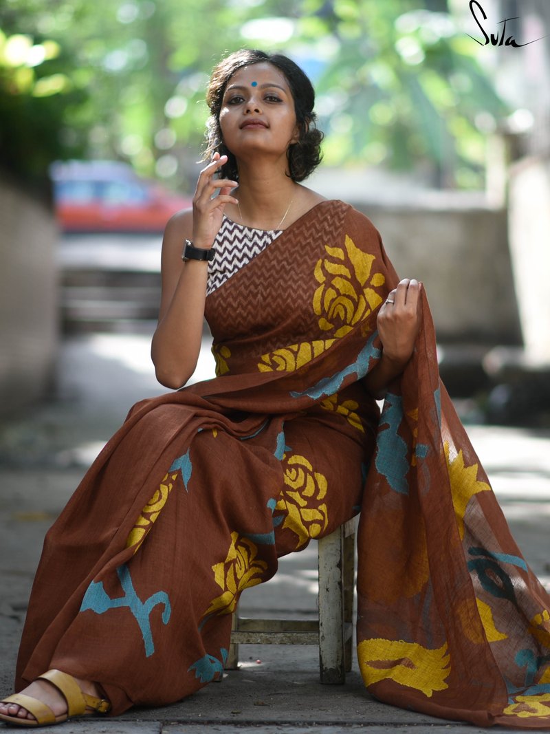 Deserving Dark Brown Colored Festive Wear Pure Linen Designer Saree For Women