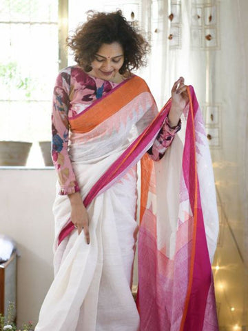 Groovy White And Pink Colored Festive Wear Pure Linen Designer Saree For Women