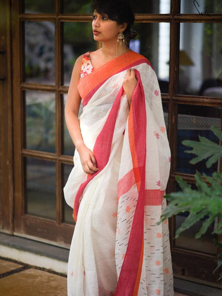 Adorable White And Orange Colored Festive Wear Pure Linen Designer Saree For Women