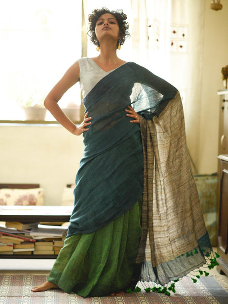 Majesty Navy And Green Colored Festive Wear Pure Linen Designer Saree For Women