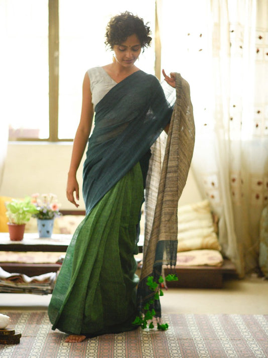 Majesty Navy And Green Colored Festive Wear Pure Linen Designer Saree For Women