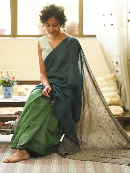 Majesty Navy And Green Colored Festive Wear Pure Linen Designer Saree For Women
