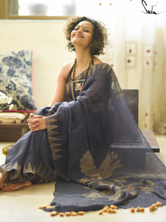 Adorable Light Navy Blue Colored Festive Wear Pure Linen Designer Saree For Women