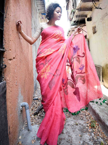 Precious Pink Colored Festive Wear Pure Linen Designer Saree For Women