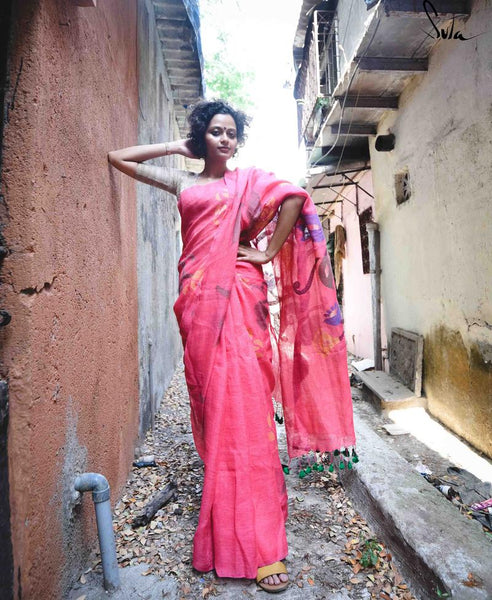 Precious Pink Colored Festive Wear Pure Linen Designer Saree For Women