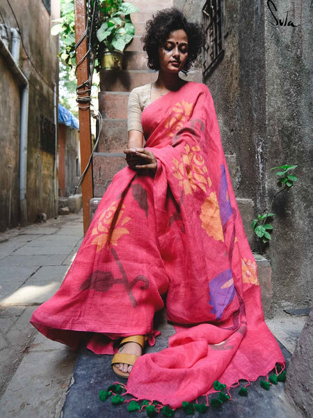 Precious Pink Colored Festive Wear Pure Linen Designer Saree For Women