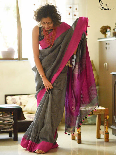 Dazzling Grey And Pink Colored Festive Wear Pure Linen Designer Saree For Women