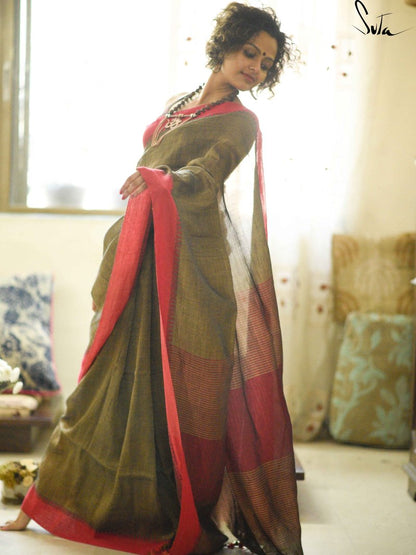 Intricate Green And Red Colored Festive Wear Pure Linen Designer Saree For Women