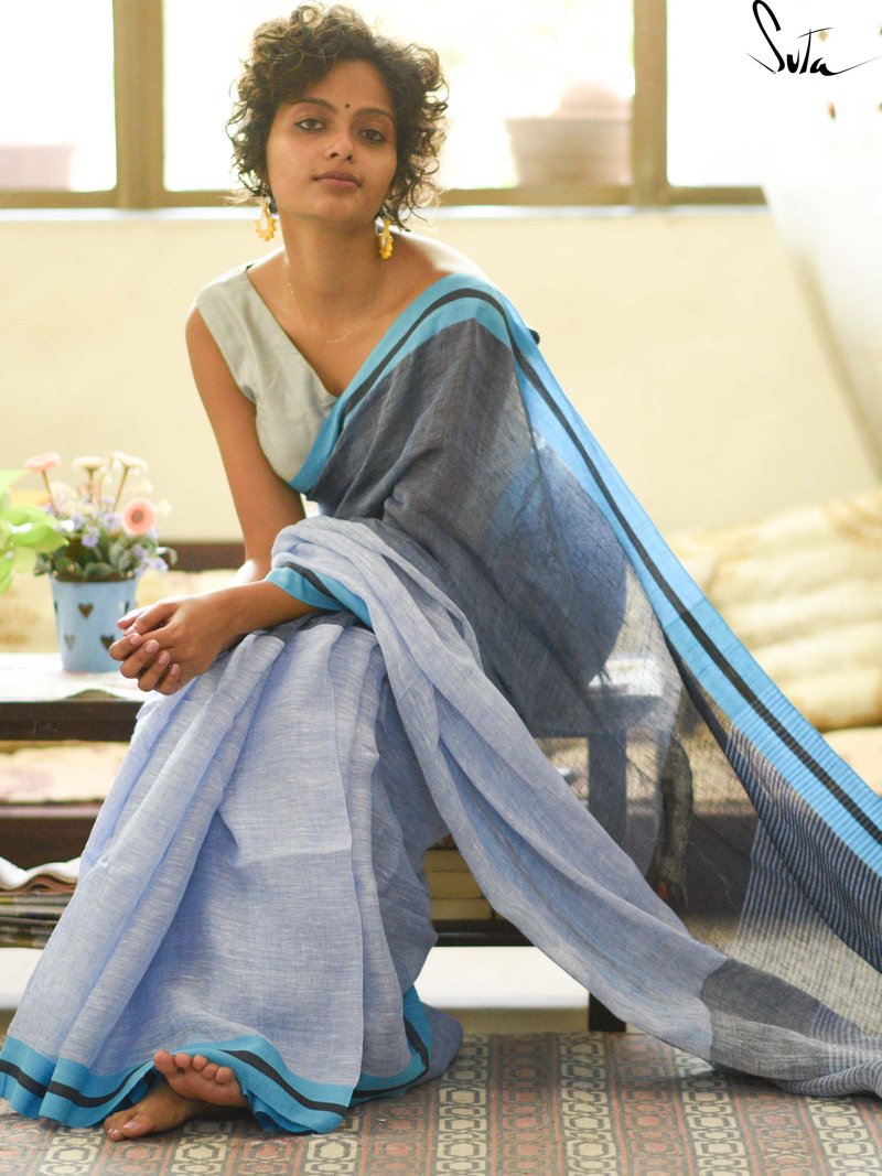 Preferable Sky Blue And Grey Colored Festive Wear Pure Linen Designer Saree For Women