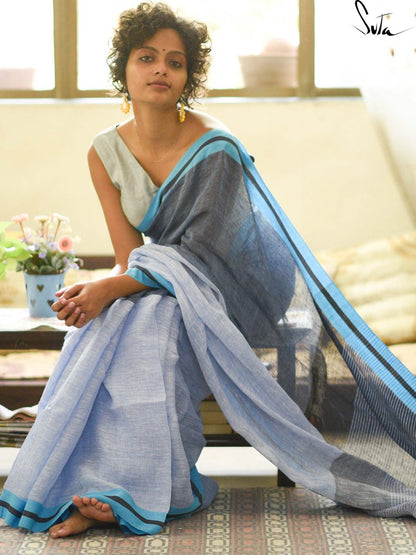 Preferable Sky Blue And Grey Colored Festive Wear Pure Linen Designer Saree For Women