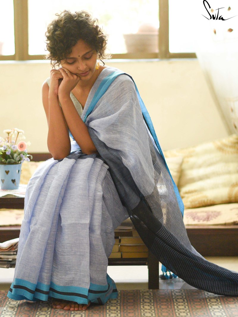 Preferable Sky Blue And Grey Colored Festive Wear Pure Linen Designer Saree For Women