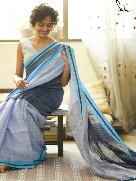Preferable Sky Blue And Grey Colored Festive Wear Pure Linen Designer Saree For Women