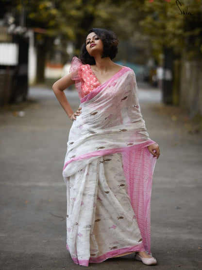 Sensational White And Baby Pink Colored Festive Wear Pure Linen Designer Saree For Women