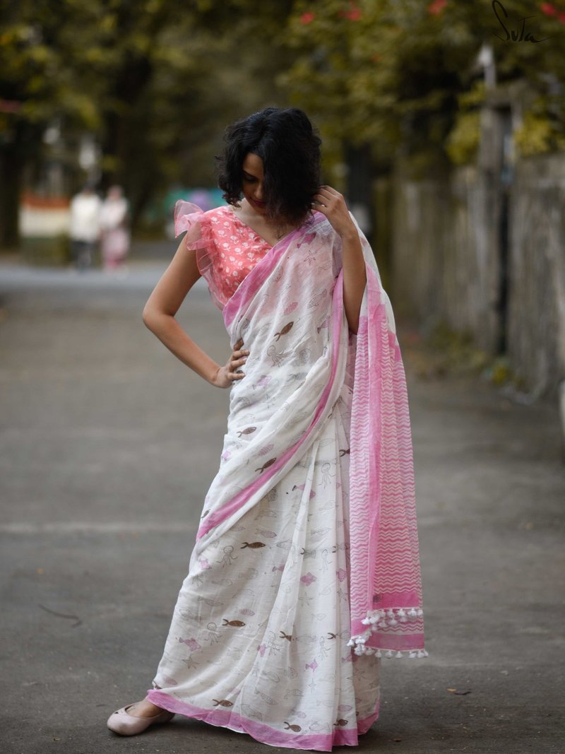 Sensational White And Baby Pink Colored Festive Wear Pure Linen Designer Saree For Women