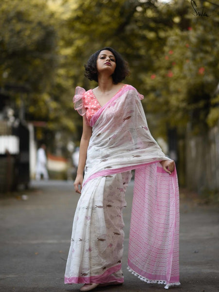 Sensational White And Baby Pink Colored Festive Wear Pure Linen Designer Saree For Women