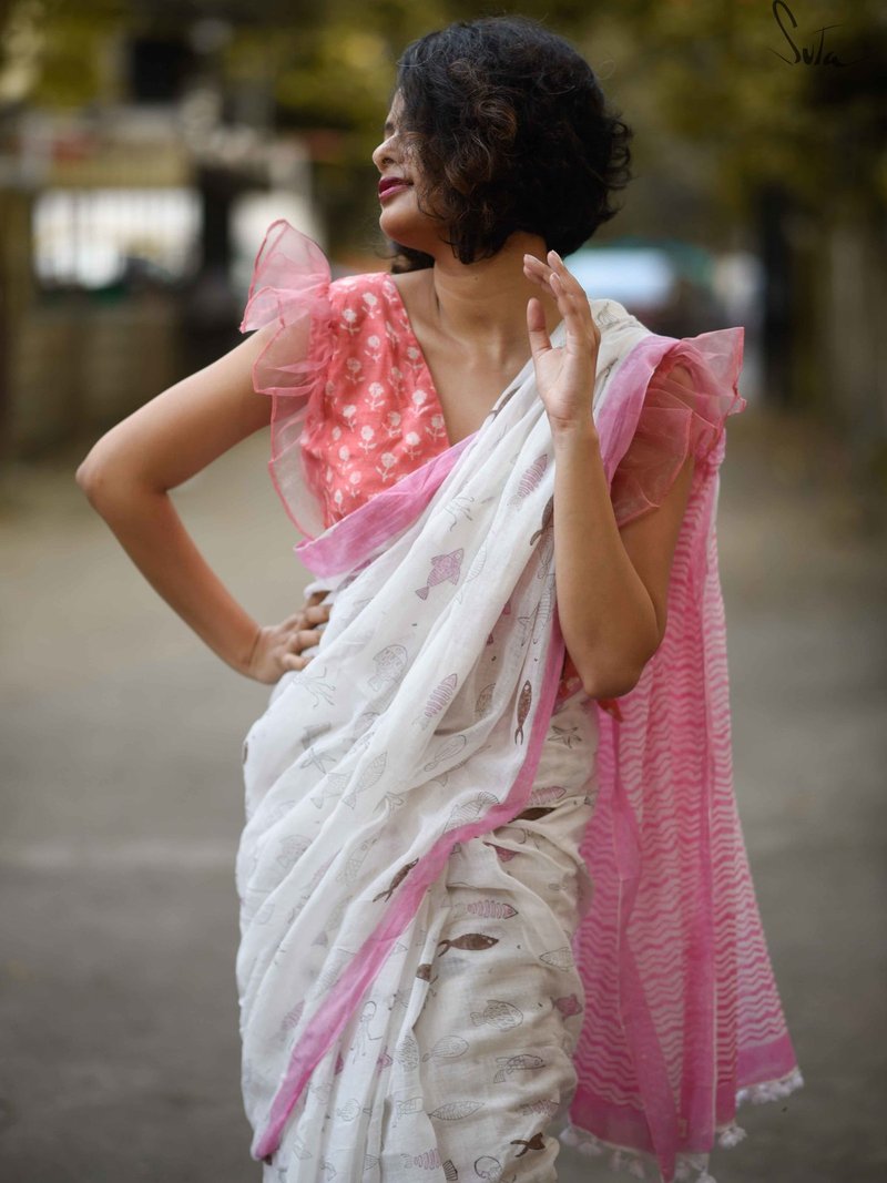 Sensational White And Baby Pink Colored Festive Wear Pure Linen Designer Saree For Women