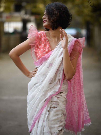 Sensational White And Baby Pink Colored Festive Wear Pure Linen Designer Saree For Women