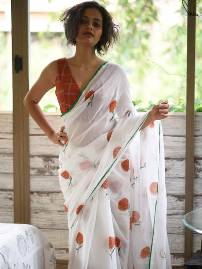 Alluring White Colored Festive Wear Pure Linen Designer Saree For Women